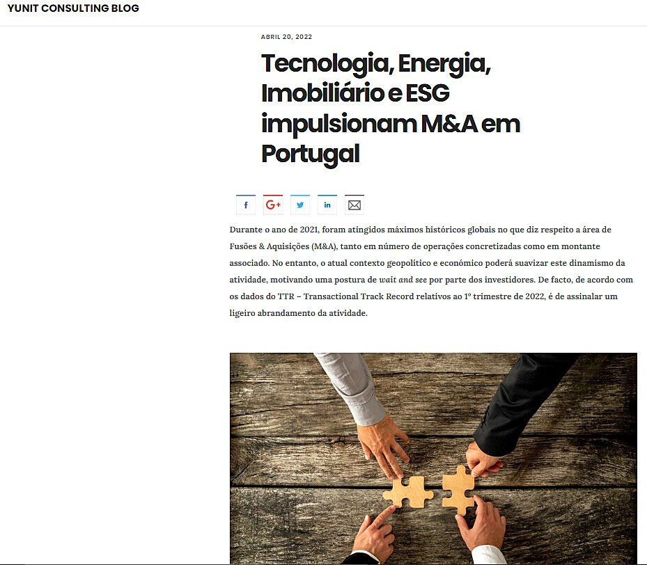 Tecnologia, Energia, Imobilirio e ESG impulsionam M&A em Portugal